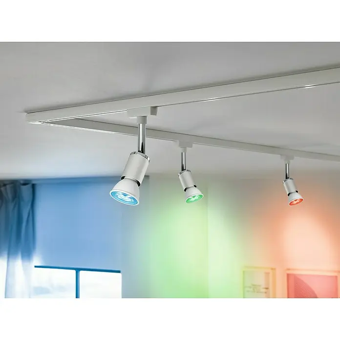 Paulmann Smart-LED-Lampe - GU10, Dimmbar, RGBW, 350 lm, 4,8 W, Weiß - RGB-LED-Deckenleuchten an einer Schiene. Die Leuchten strahlen in den Farben Blau, Grün und Rot und bieten eine variable Beleuchtung.
