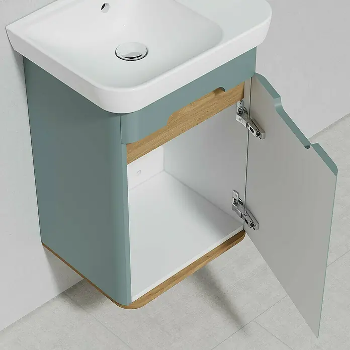 VitrA Sento Badmöbel-Set - Gesamtbreite Badmöbel: 50 cm, Fjordgrün, Matt, DIN Anschlag: Rechts - Elegantes Waschbecken mit Unterschrank in blau-grau und Holzoptik. Das Badezimmermöbelstück bietet stilvollen Stauraum.