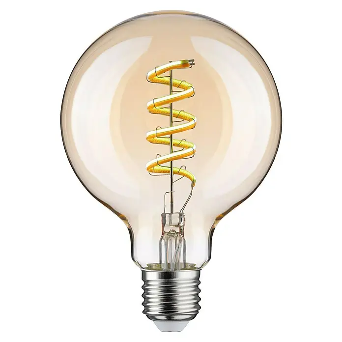 Paulmann Smart-LED-Lampe - E27, Dimmbar, Neutralweiß, 600 lm, 7,5 W, G95, Globe - Nahaufnahme einer dekorativen Edison-Glühbirne mit bernsteinfarbenem Glas und einem spiralförmigen Glühfaden, ideal für Vintage-Beleuchtung.