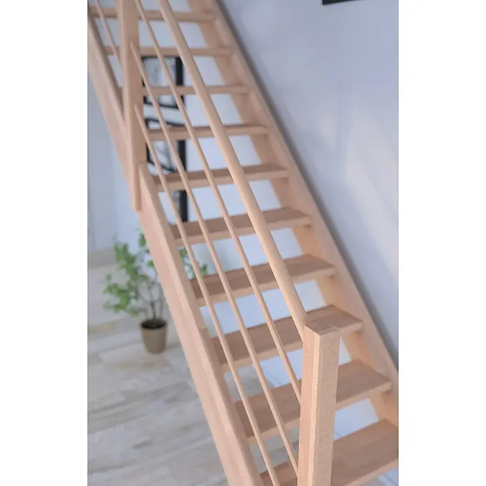 Starwood Raumspartreppe Rhodos - Breite: 80 cm, Buche, Geschosshöhe: 300 cm, Gerade, Montageseite Geländer: Rechts, Designgeländer Holz/Holz, Mit Setzstufen - Helle Holztreppe mit minimalistischem Design und Geländer. Ideal für moderne Innenräume. Natürliche Eleganz im Wohnbereich.