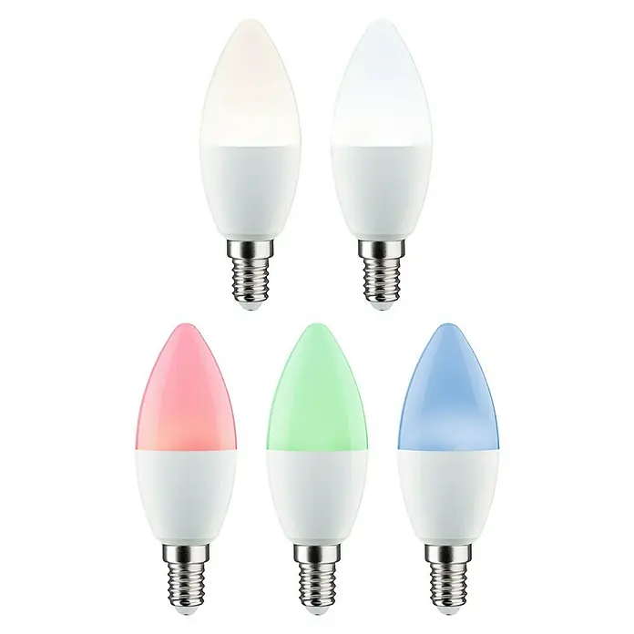 Paulmann Smart-LED-Lampe - E14, Dimmbar, RGBW, 470 lm, 5 W, Kerze - Auswahl von intelligenten LED-Kerzenlampen mit unterschiedlichen Farben für stimmungsvolle Beleuchtung, ideal für moderne Wohnräume.