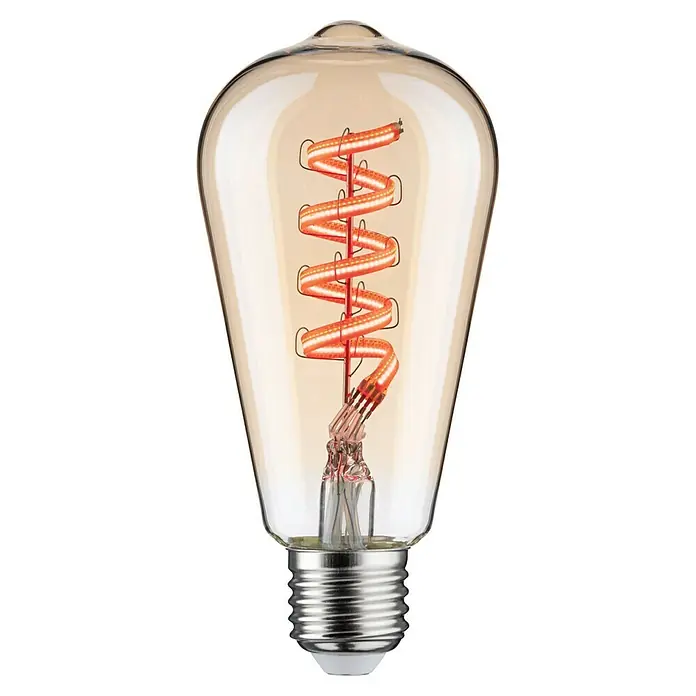 Paulmann Smart-LED-Lampe - E27, Dimmbar, RGBW, 470 lm, 6,3 W, ST64, Tropfen - Nahaufnahme einer Edison-Glühbirne mit einem spiralförmigen Glühfaden und einem bernsteinfarbenen Glaskolben, ideal für Vintage-Beleuchtung.