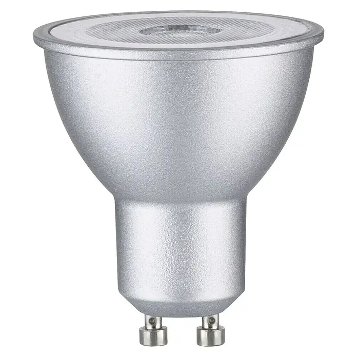 Paulmann Smart-LED-Lampe - GU10, Dimmbar, RGBW, 350 lm, 4,8 W, Chrom - Ein silberner GU10 LED-Strahler mit zwei Stiften am Sockel. Das Leuchtmittel ist für den direkten Anschluss an 230V geeignet.