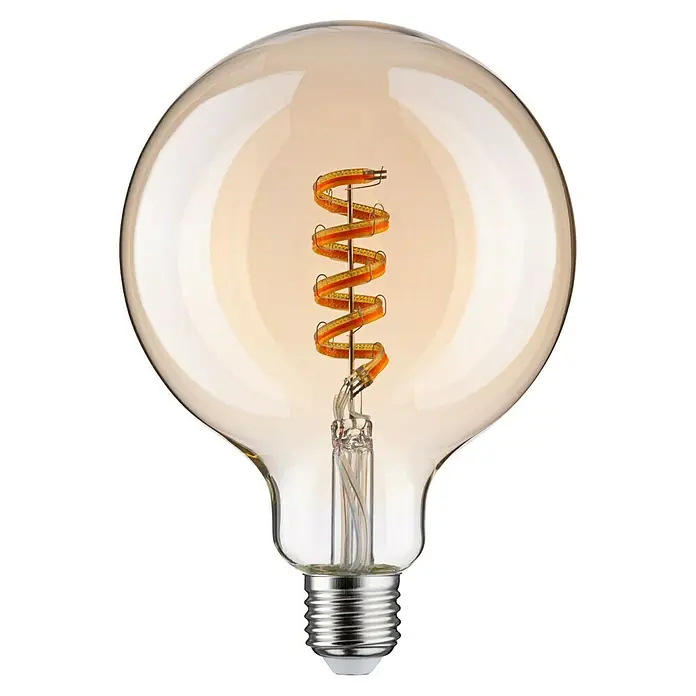 Paulmann Smart-LED-Lampe - E27, Dimmbar, RGBW, 470 lm, 6,3 W, G125, Rund - Nahaufnahme einer dekorativen Edison-Glühbirne mit spiralförmigem Glühfaden und warmem Licht.
