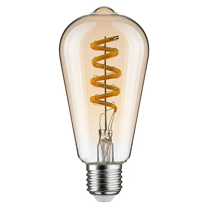 Paulmann Smart-LED-Lampe - E27, Dimmbar, Neutralweiß, 600 lm, 7,5 W, ST64, Tropfen - Nahaufnahme einer dekorativen Edison-Glühbirne mit einem spiralförmigen Glühfaden in warmem Farbton.