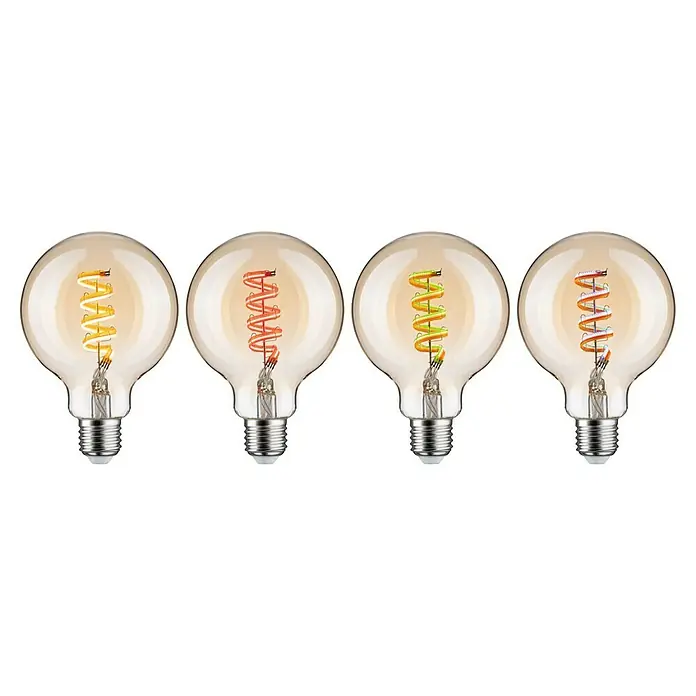 Paulmann Smart-LED-Lampe - E27, Dimmbar, RGBW, 470 lm, 6,3 W, G95, Globe - Vier dekorative LED-Glühbirnen mit verschiedenen Farben und Spiralmustern, die eine gemütliche Atmosphäre schaffen.
