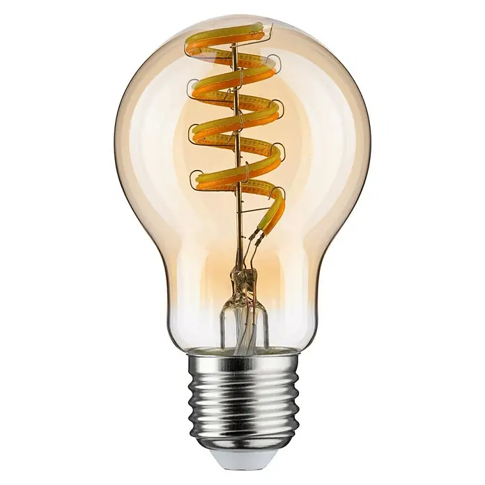 Paulmann Smart-LED-Lampe - E27, Dimmbar, Neutralweiß, 600 lm, 7,5 W, Birne - Nahaufnahme einer dekorativen Edison-Glühbirne mit warmem Licht und spiralförmigem Glühfaden.