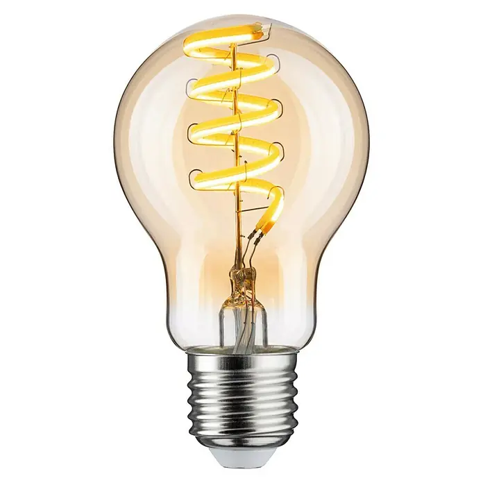 Paulmann Smart-LED-Lampe - E27, Dimmbar, Neutralweiß, 600 lm, 7,5 W, Birne - Nahaufnahme einer dekorativen LED-Lampe mit warmweißem Licht und einem spiralförmigen Glühfaden für stimmungsvolle Beleuchtung.