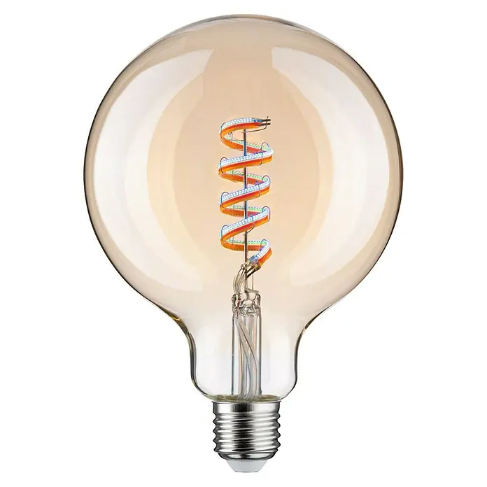 Paulmann Smart-LED-Lampe - E27, Dimmbar, RGBW, 470 lm, 6,3 W, G125, Rund - Das Bild zeigt eine dekorative Edison-Glühbirne mit einem spiralförmigen LED-Filament in einem warmen Farbton.