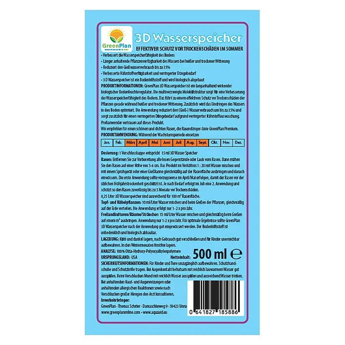 GreenPlan Aqua Aid Wasserspeicher 3D - 500 ml - Produktbild von GreenPlan 3D Wasserspeicher, ein effektiver Schutz vor Trockenschäden im Sommer, mit Dosierungsanleitung und Anwendungshinweisen.