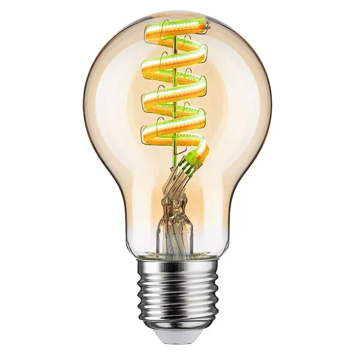 Paulmann Smart-LED-Lampe - E27, Dimmbar, RGBW, 470 lm, 6,3 W, Birne - Nahaufnahme einer dekorativen Edison-Glühbirne mit einem spiralförmigen LED-Filament, das warmes, einladendes Licht ausstrahlt.