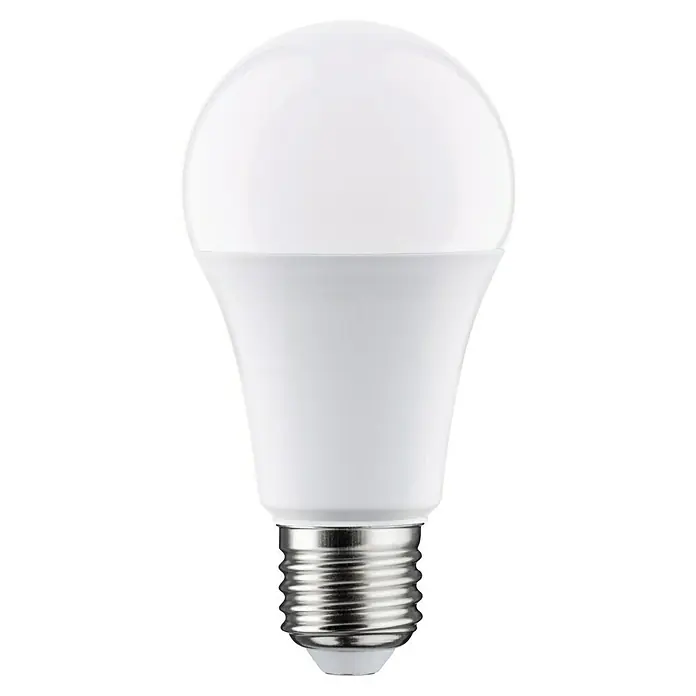 Paulmann Smart-LED-Lampe - E27, Dimmbar, RGBW, 806 lm, 9 W, Birne - Nahaufnahme einer LED-Glühbirne mit weißem Diffusor und Metallsockel vor schwarzem Hintergrund.