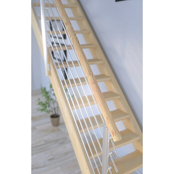Starwood Raumspartreppe Korfu (Breite: 84 cm, Fichte, Geschosshöhe: 300 cm, 1/4-gewendelt rechts, Montageseite Geländer: Wahlweise links/rechts, Designgeländer Edelstahl, Ohne Setzstufen) | BAUHAUS