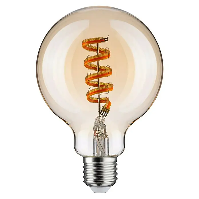 Paulmann Smart-LED-Lampe - E27, Dimmbar, RGBW, 470 lm, 6,3 W, G95, Globe - Nahaufnahme einer dekorativen Edison-Glühbirne mit spiralförmigem Glühfaden und warmem Lichtschein.