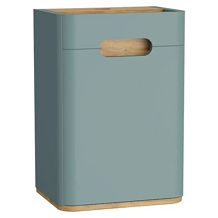 VitrA Sento Halbhochschrank - B x T x H: 40 x 29,5 x 58 cm, Fjordgrün, DIN Anschlag: Links - Türkiser Aufbewahrungsbehälter mit abgerundeten Ecken, Holzplatte, -sockel und eingelassenem Holzgriff.