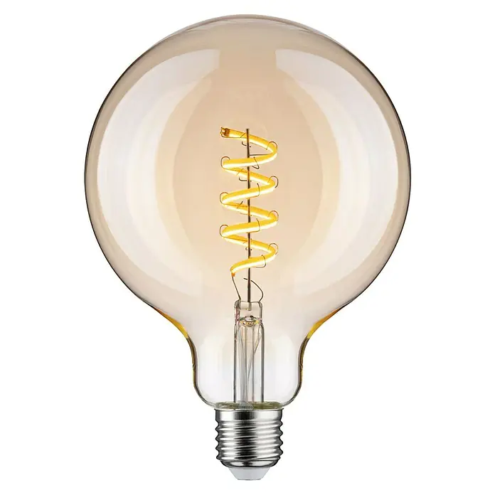 Paulmann Smart-LED-Lampe - E27, Dimmbar, Neutralweiß, 600 lm, 7,5 W, G125, Rund - Nahaufnahme einer dekorativen, bernsteinfarbenen LED-Glühbirne mit spiralförmigem Glühfaden vor einem schwarzen Hintergrund.