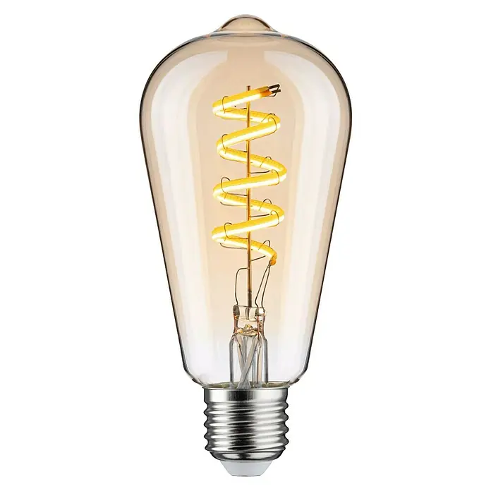 Paulmann Smart-LED-Lampe - E27, Dimmbar, Neutralweiß, 600 lm, 7,5 W, ST64, Tropfen - Nahaufnahme einer bernsteinfarbenen Edison-Glühbirne mit Wendelglühfaden, die ein warmes und einladendes Licht ausstrahlt.