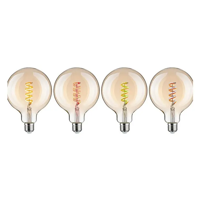 Paulmann Smart-LED-Lampe - E27, Dimmbar, RGBW, 470 lm, 6,3 W, G125, Rund - Das Bild zeigt vier dekorative LED-Glühbirnen mit farbigen Filamenten auf einem schwarzen Hintergrund. Sie vereinen Stil und Energieeffizienz.