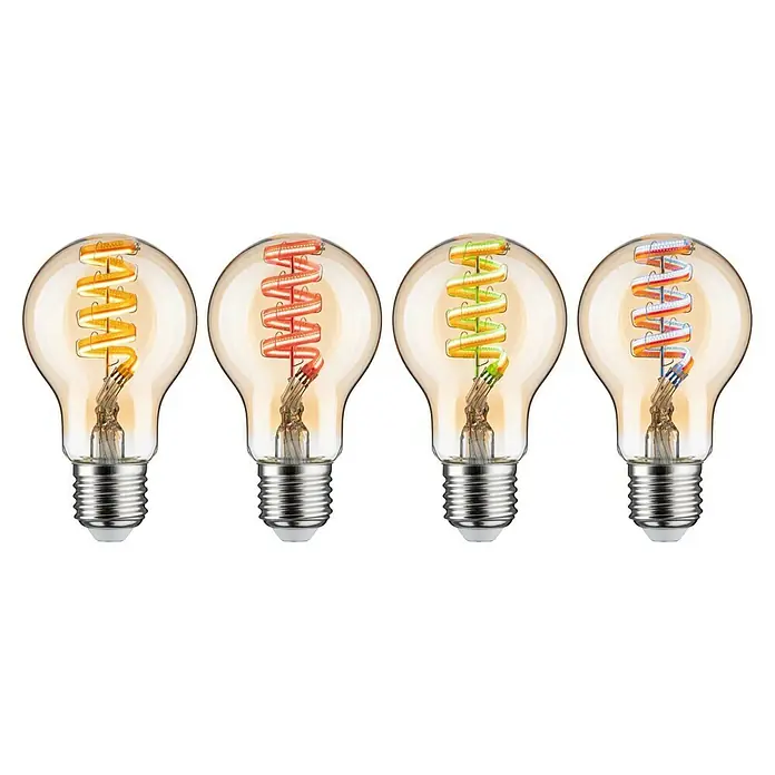 Paulmann Smart-LED-Lampe - E27, Dimmbar, RGBW, 470 lm, 6,3 W, Birne - Nahaufnahme von vier farbigen LED-Filamentlampen mit spiralförmigem Glühfaden, die eine warme, dekorative Beleuchtung erzeugen.