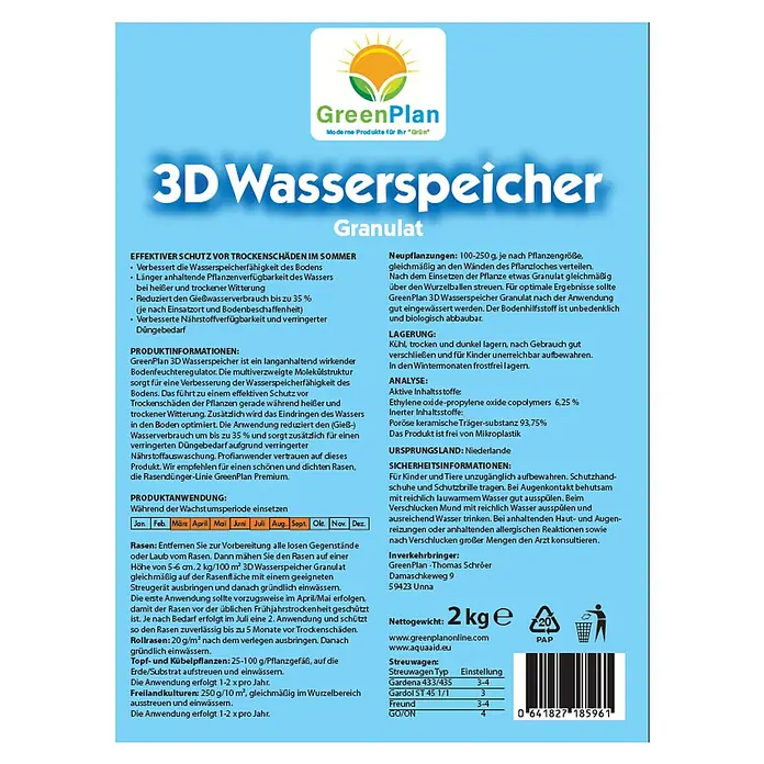GreenPlan Aqua Aid Wasserspeicher 3D - 2 kg - Verpackungsdesign des GreenPlan 3D Wasserspeicher Granulat zur Verbesserung der Wasserspeicherung und Reduzierung des Gießwassers.