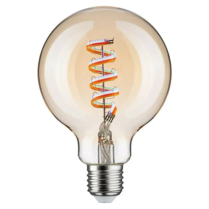 Paulmann Smart-LED-Lampe - E27, Dimmbar, RGBW, 470 lm, 6,3 W, G95, Globe - Nahaufnahme einer dekorativen LED-Glühbirne mit gewundenem Glühfaden vor schwarzem Hintergrund.