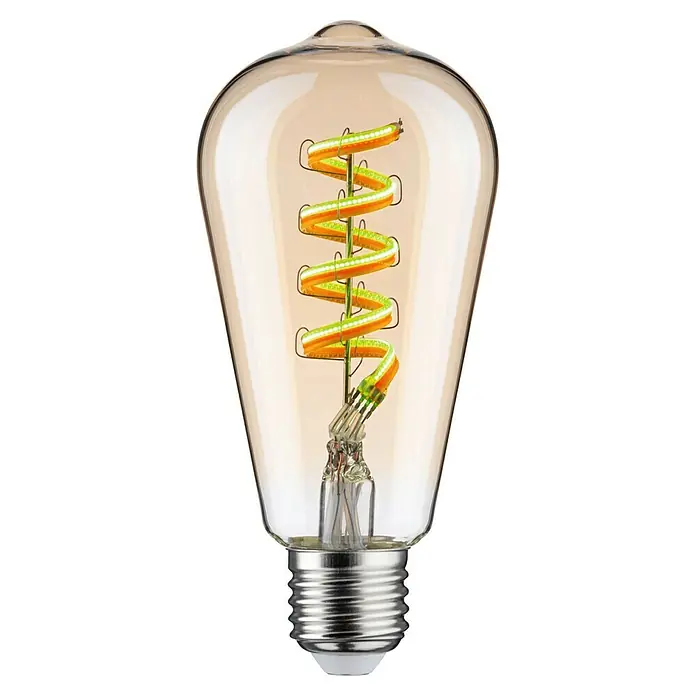 Paulmann Smart-LED-Lampe - E27, Dimmbar, RGBW, 470 lm, 6,3 W, ST64, Tropfen - Nahaufnahme einer dekorativen Edison-Glühbirne mit spiralförmigem Glühfaden, ideal für Vintage-Beleuchtung.