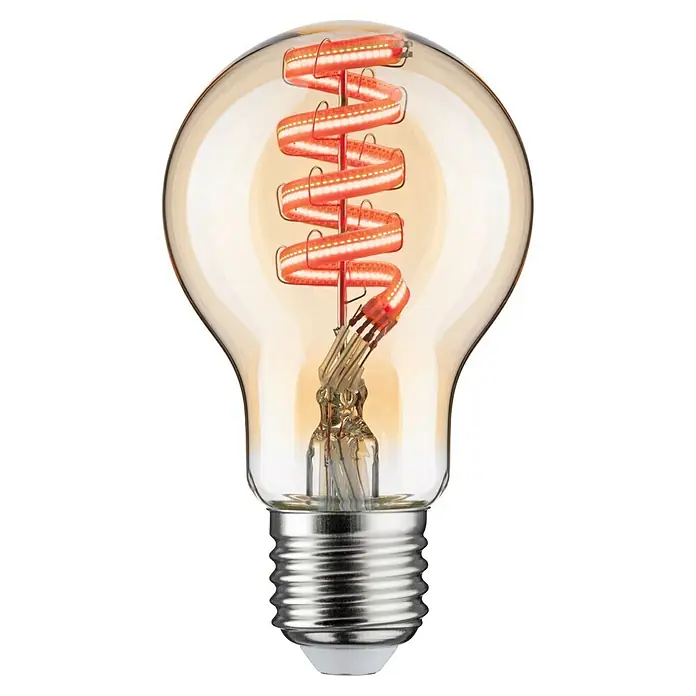 Paulmann Smart-LED-Lampe - E27, Dimmbar, RGBW, 470 lm, 6,3 W, Birne - Nahaufnahme einer dekorativen Edison-Glühbirne mit spiralförmigem Glühfaden, die ein warmes und einladendes Licht ausstrahlt.
