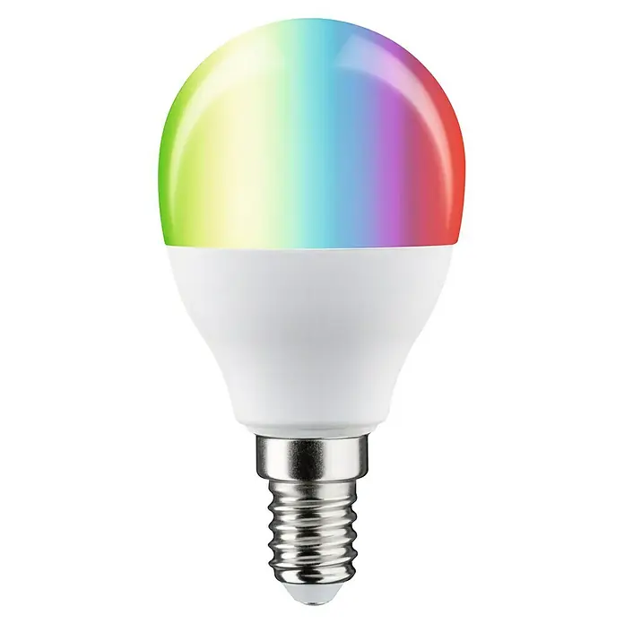 Paulmann Smart-LED-Lampe - E14, Dimmbar, RGBW, 470 lm, 5 W, Tropfen - Nahaufnahme einer LED-Lampe mit Farbwechsel. Die intelligente Glühbirne strahlt einen Regenbogen aus Farben und hat einen E14 Sockel.