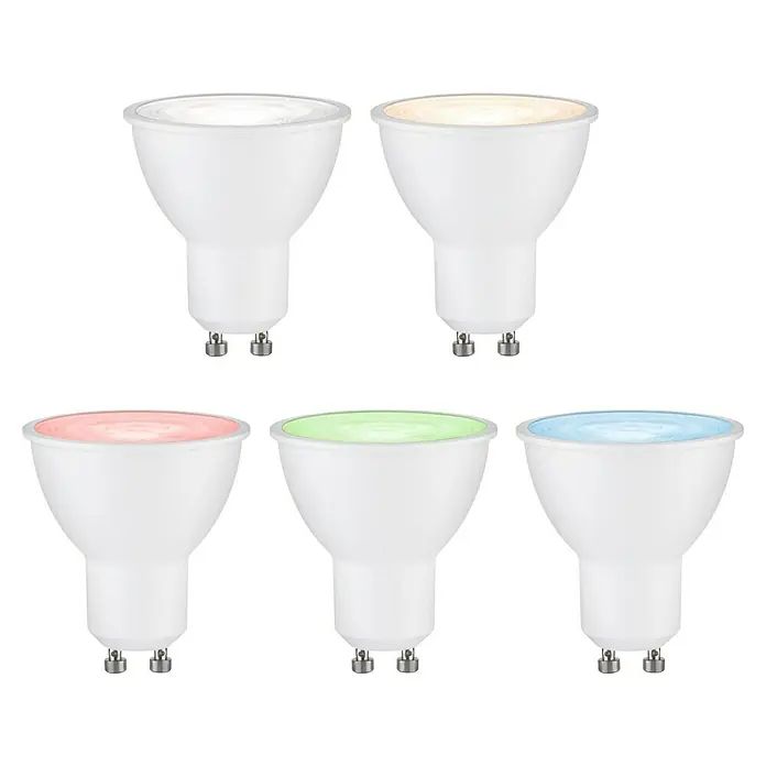 Paulmann Smart-LED-Lampe - GU10, Dimmbar, RGBW, 350 lm, 4,8 W, Weiß - Nahaufnahme von dimmbaren GU10 LED-Lampen mit verschiedenen Lichtfarben, ideal für stimmungsvolle Beleuchtung.