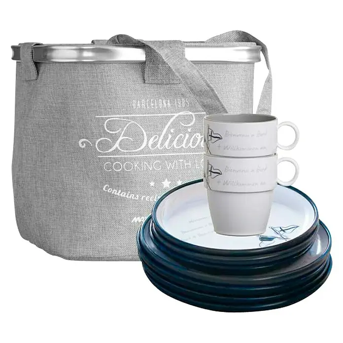 Marine Business Welcome on Board Set de vajilla - 24 pzs., Plástico, Blanco/Azul - Un set de picnic con vajilla, tazas y una práctica bolsa nevera, ideal para excursiones y comidas al aire libre.