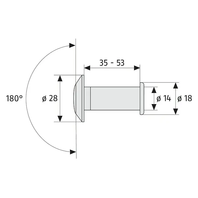 Abus Türspion 2200 - Vernickelt, Messing, Stärke Tür: 35 mm - 53 mm - Technische Zeichnung eines Stiftventils mit Maßangaben für Durchmesser und Länge zur Illustration der Produktdetails.