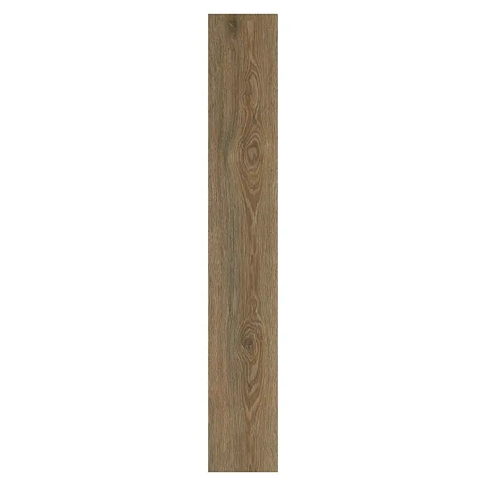 Suelo vinílico SPC Logan - 1.220 x 182 x 5,5 mm, Marrón, Resistente al agua - Un primer plano de una sola tabla de madera con distintos patrones de vetas y nudos, dándole un aspecto rústico.