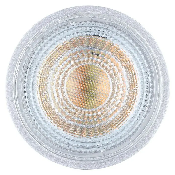 Paulmann Smart-LED-Lampe - GU10, Dimmbar, RGBW, 350 lm, 4,8 W, Chrom - Nahaufnahme einer LED-Lampe mit klarem, strukturiertem Gehäuse, ideal für den Einsatz in modernen Beleuchtungssystemen.