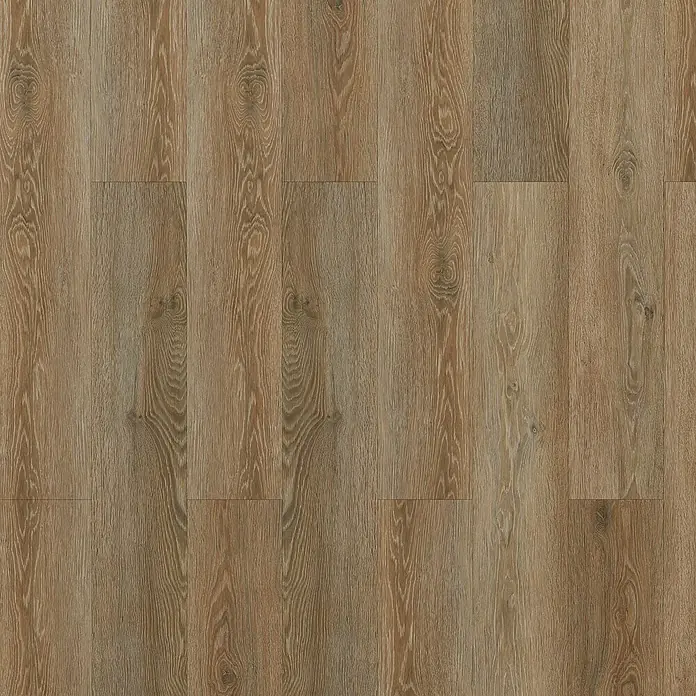 Suelo vinílico SPC Logan - 1.220 x 182 x 5,5 mm, Marrón, Resistente al agua - Detalle de un suelo laminado en tonos marrones cálidos, que muestra un aspecto de madera natural con patrones de grano finos y una textura realista.