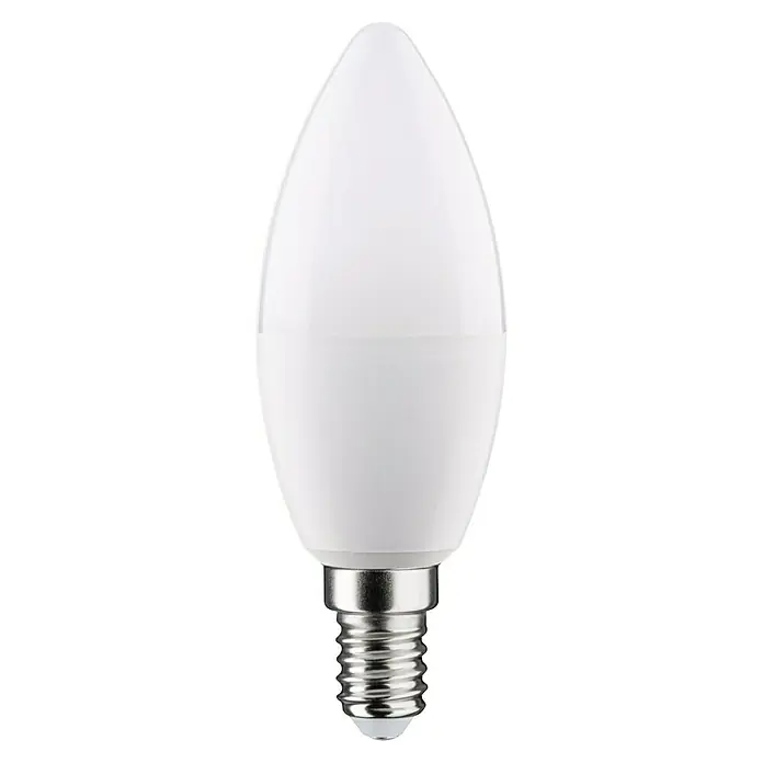 Paulmann Smart-LED-Lampe - E14, Dimmbar, RGBW, 470 lm, 5 W, Kerze - Nahaufnahme einer LED-Kerzenlampe mit E14-Sockel und mattiertem Glaskörper, ideal für stimmungsvolle Beleuchtung im Haus.