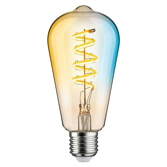 Paulmann Smart-LED-Lampe - E27, Dimmbar, Neutralweiß, 600 lm, 7,5 W, ST64, Tropfen - Nahaufnahme einer dekorativen Edison-Glühbirne mit einem spiralförmigen Filament, das ein warmes, gelbes Licht ausstrahlt. Sieht toll aus!