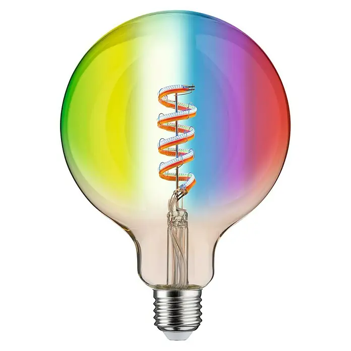 Paulmann Smart-LED-Lampe - E27, Dimmbar, RGBW, 470 lm, 6,3 W, G125, Rund - Ein farbenfrohes LED-Leuchtmittel mit spiralförmigem Glühfaden und Regenbogenfarben für eine stimmungsvolle Beleuchtung.