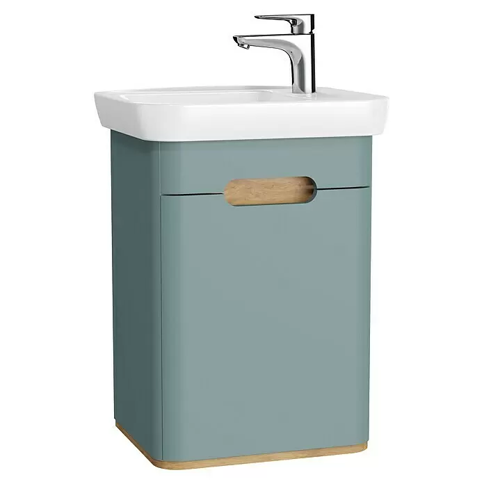 VitrA Sento Badmöbel-Set - Gesamtbreite Badmöbel: 50 cm, Fjordgrün, Matt, DIN Anschlag: Rechts - Hellblau-grauer Badunterschrank mit weißem Waschbecken, Chromarmatur und Holzdetails.