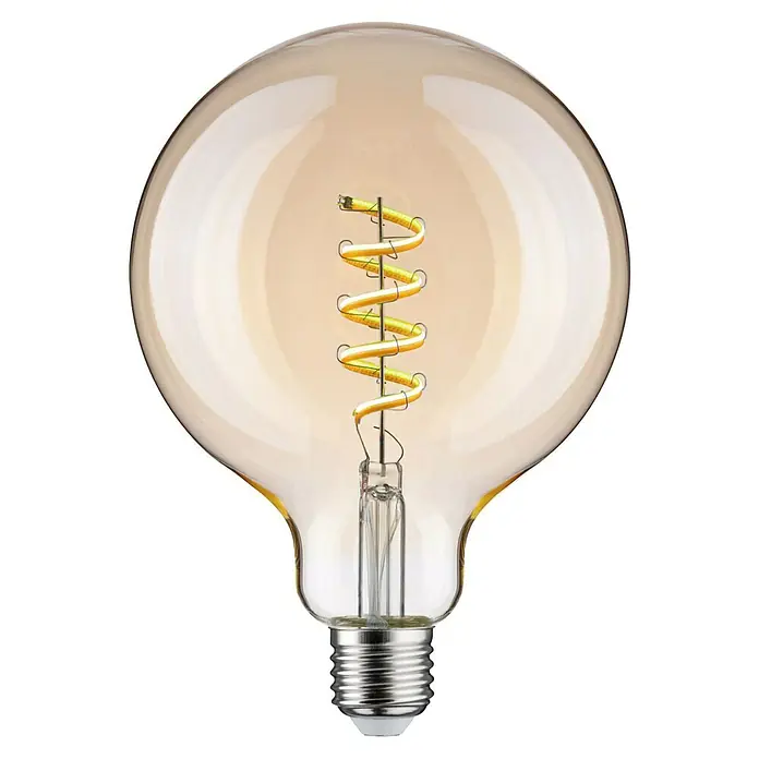 Paulmann Smart-LED-Lampe - E27, Dimmbar, Neutralweiß, 600 lm, 7,5 W, G125, Rund - Nahaufnahme einer dekorativen Vintage-Glühbirne mit Wendelglühfaden, die warmes Licht ausstrahlt.