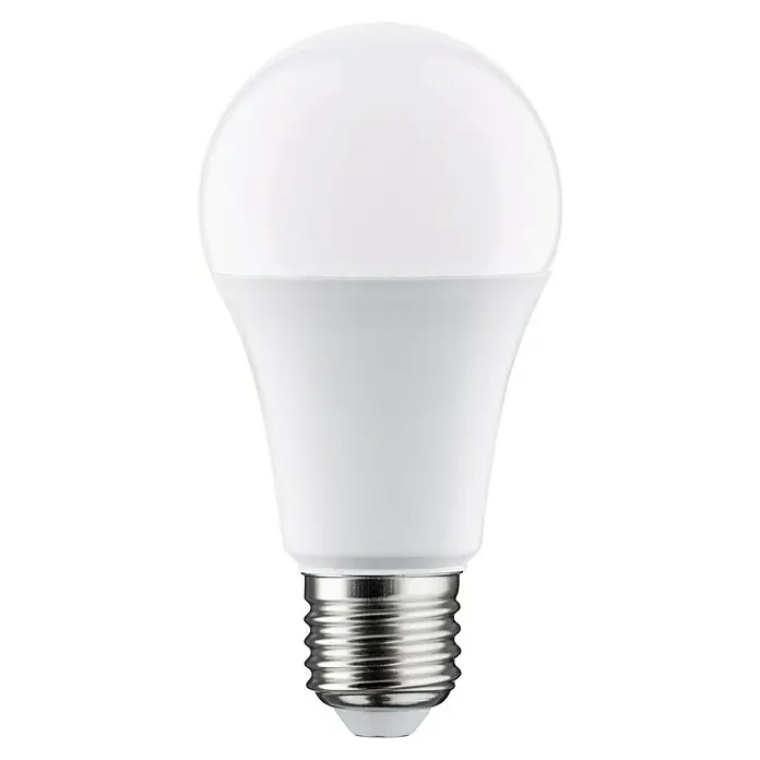 Paulmann Smart-LED-Lampe - E27, Dimmbar, RGBW, 1.055 lm, 11 W, Birne - Nahaufnahme einer weißen LED-Lampe mit einem Metallsockel vor einem schwarzen Hintergrund, die die energieeffiziente Beleuchtung hervorhebt.