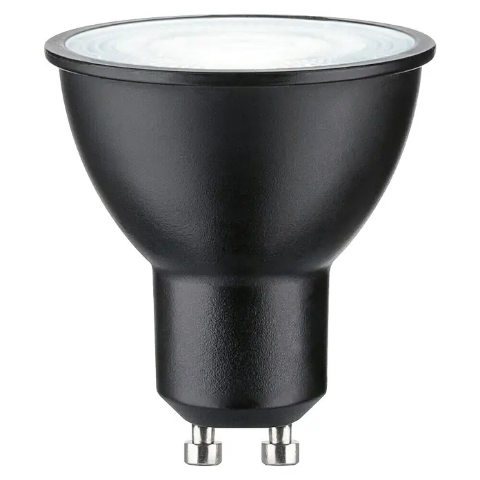 Paulmann Smart-LED-Lampe - GU10, Dimmbar, RGBW, 350 lm, 4,8 W, Schwarz - Nahaufnahme einer mattschwarzen MR16 LED Lampe mit GU5.3 Sockel, ideal für den Einsatz in Wohn- und Geschäftsräumen.