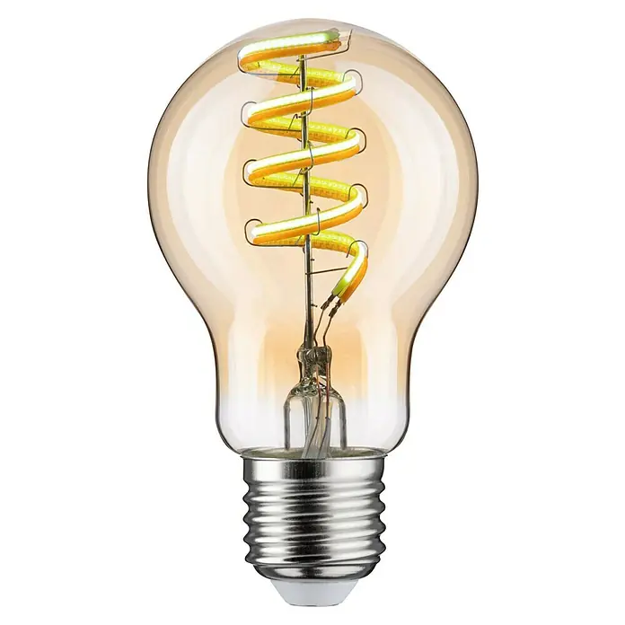 Paulmann Smart-LED-Lampe - E27, Dimmbar, Neutralweiß, 600 lm, 7,5 W, Birne - Nahaufnahme einer dekorativen Edison-Glühbirne mit Wendelglühfaden, die warmes Licht ausstrahlt.