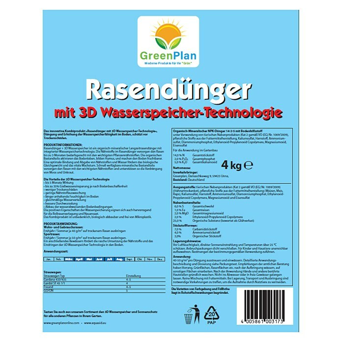 GreenPlan Aqua Aid Langzeit-Rasendünger mit 3D Wasserspeicher-Technologie (4 kg) | BAUHAUS