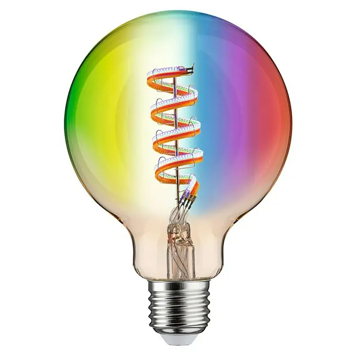Paulmann Smart-LED-Lampe - E27, Dimmbar, RGBW, 470 lm, 6,3 W, G95, Globe - Rainbow LED-Glühbirne mit einem spiralförmigen Filament, das durch das farbenfrohe Glas sichtbar ist, ideal für dekorative Beleuchtung.