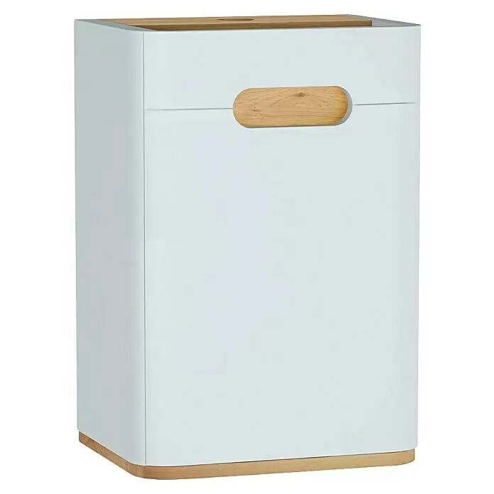 VitrA Sento Halbhochschrank - B x T x H: 40 x 29,5 x 58 cm, Weiß, DIN Anschlag: Rechts - Rundes weißes Aufbewahrungsmöbel mit natürlicher Holzplatte, Sockel und Griff.