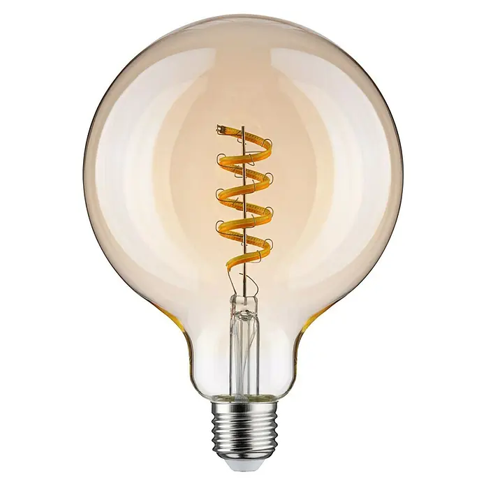Paulmann Smart-LED-Lampe - E27, Dimmbar, Neutralweiß, 600 lm, 7,5 W, G125, Rund - Nahaufnahme einer dekorativen Edison-Glühbirne mit spiralförmigem Filament, die warmes Licht ausstrahlt und eine Vintage-Ästhetik bietet.