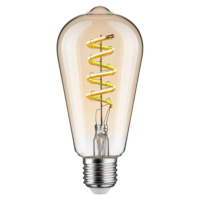 Paulmann Smart-LED-Lampe - E27, Dimmbar, Neutralweiß, 600 lm, 7,5 W, ST64, Tropfen - Nahaufnahme einer Edison-Glühbirne mit einem spiralförmigen Glühfaden, die ein warmes, goldenes Licht ausstrahlt und Vintage-Charme versprüht.