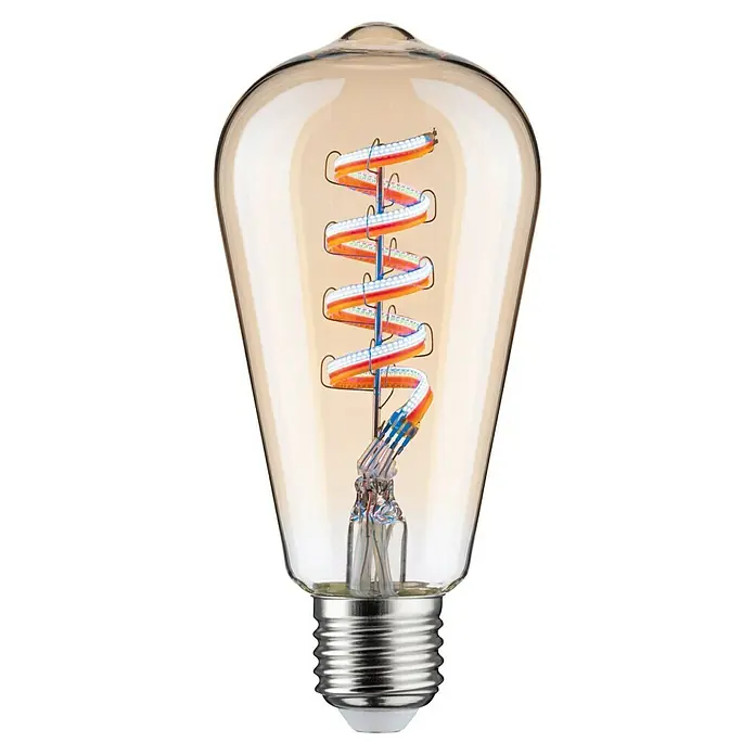 Paulmann Smart-LED-Lampe - E27, Dimmbar, RGBW, 470 lm, 6,3 W, ST64, Tropfen - Nahaufnahme einer dekorativen LED-Glühbirne mit spiralförmigem Glühfaden und warmem Lichtton für stimmungsvolle Beleuchtung.