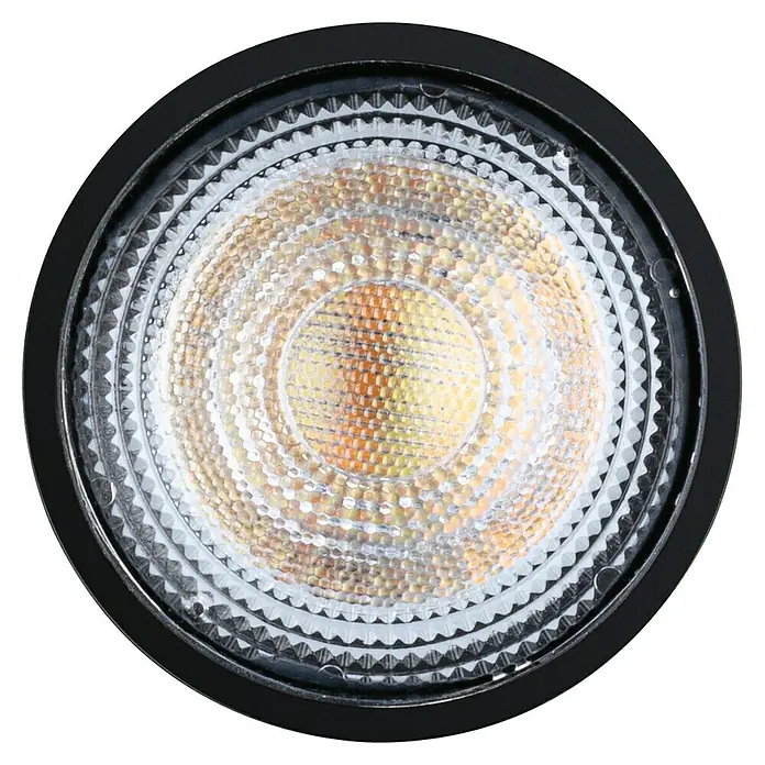Paulmann Smart-LED-Lampe - GU10, Dimmbar, RGBW, 350 lm, 4,8 W, Schwarz - Nahaufnahme einer runden LED-Lampe mit einem strukturierten Reflektor und einem schwarzen Gehäuse, das für eine fokussierte Beleuchtung sorgt.