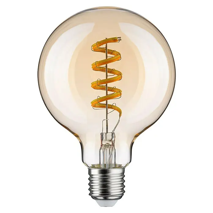 Paulmann Smart-LED-Lampe - E27, Dimmbar, Neutralweiß, 600 lm, 7,5 W, G95, Globe - Nahaufnahme einer dekorativen Vintage-Glühbirne mit einem warmen, bernsteinfarbenen Farbton und einem spiralförmigen Filament.